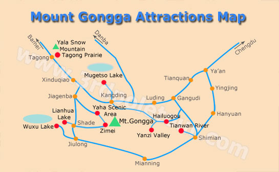Attractions Map of Mount Gongga