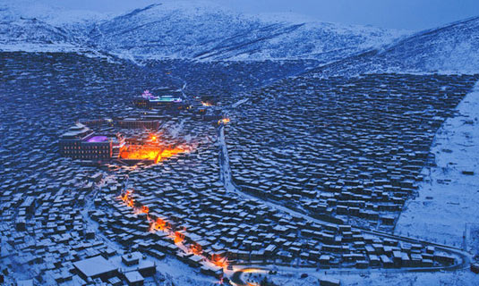 Snowy Scene of Wuming Buddhist Academy at night