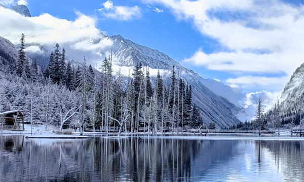 Siguniangshan winter snow landscape with frozen stream