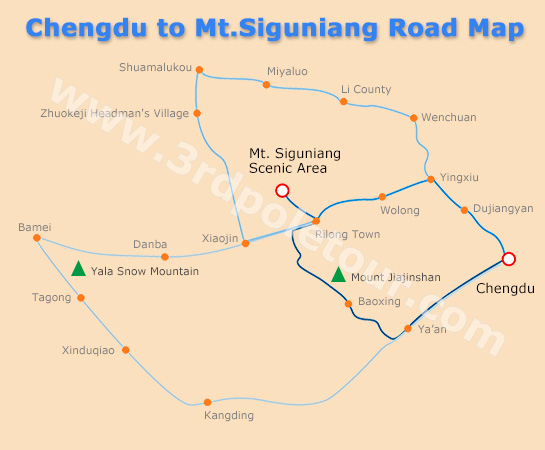 Chengdu to Mt.Siguniangshan Road Map