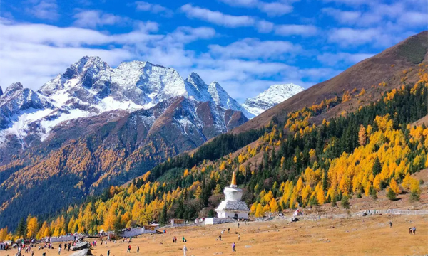 Shuangqiao Valley in autumn with golden forests and snow-capped mountains in Siguniangshan