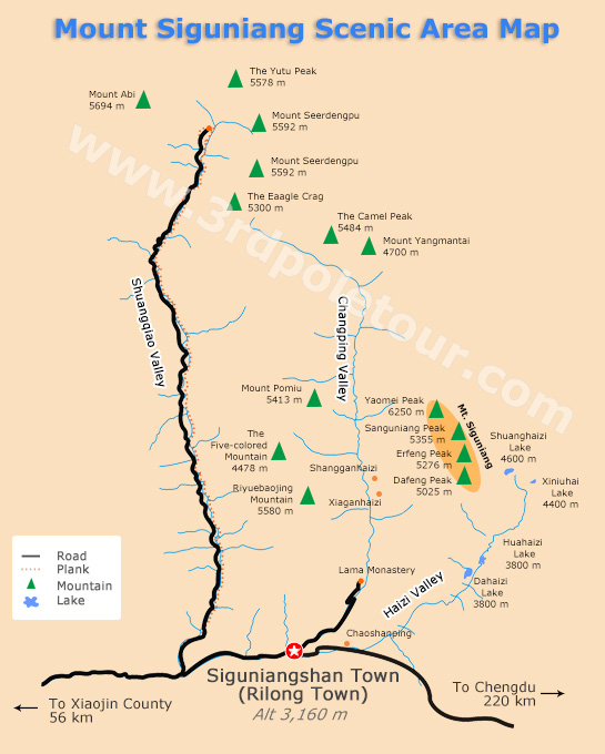 Detailed Guide Map of Siguniangshan Scenic Area